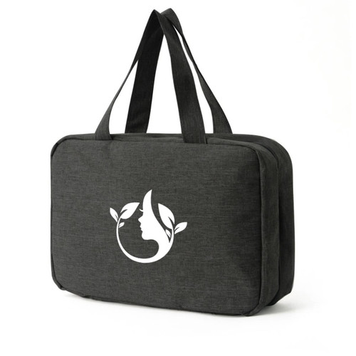 A grey large capacity hanging toiletry bag with two handles and a logo on the front.