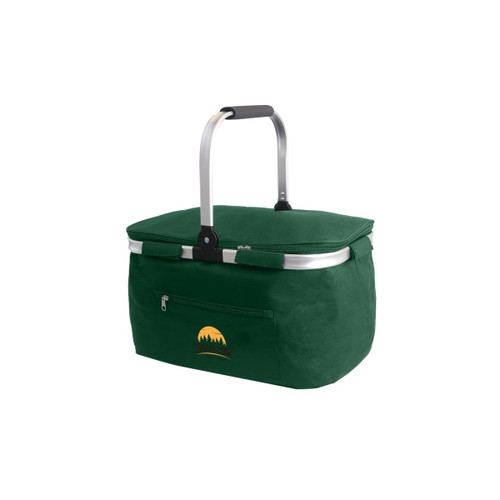 A green picnic cooler basket with a zippered pocket and a retractable handle. It features a logo on the front.