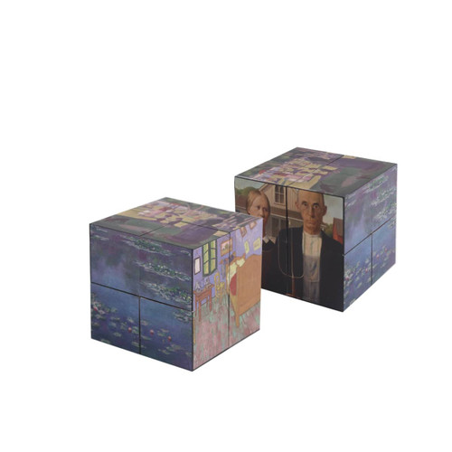 A 3D square magic cube featuring vibrant artwork, showcasing various artistic designs on its sides.