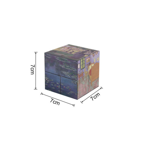 A 3D puzzle cube featuring colourful artwork on all sides, measuring 7cm x 7cm x 7cm. Includes a logo.