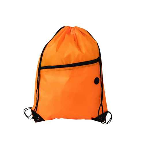 An orange polyester drawstring bag with a zippered pocket and a black logo.