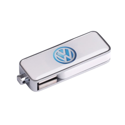 A silver and blue flash drive featuring a logo on its surface. It has a sleek, rectangular design.