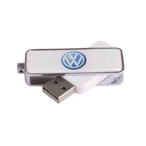 A white and silver flash drive featuring a logo, with a sleek design and metallic finish.