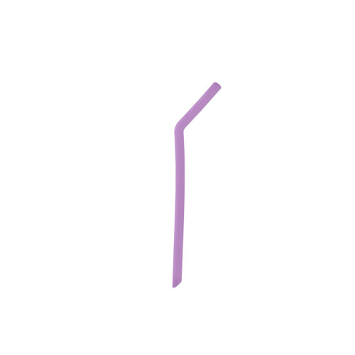 A reusable silicone straw in a light purple colour, with a flexible design. Features a logo.