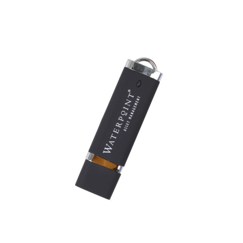 A black flash drive with silver accents, featuring a round keyring loop and a logo on its surface.