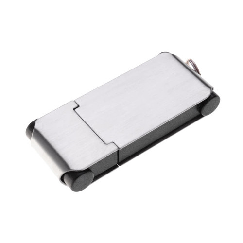 A silver and black flash drive with a sleek, metallic design and rounded ends. Features a branding logo.