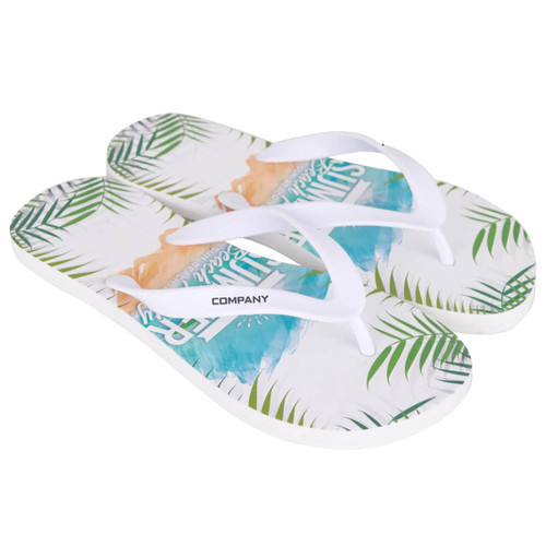 EVA thongs featuring a vibrant print with palm leaves and a splash of colour, complemented by white straps.