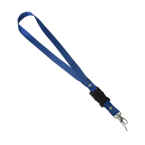A blue lanyard with a plastic clip attachment and a metal clasp for holding items. It features a branding logo.