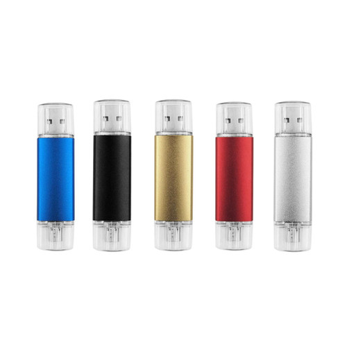 A collection of five double-end flash drives in blue, black, gold, red, and silver. Each has a clear casing.