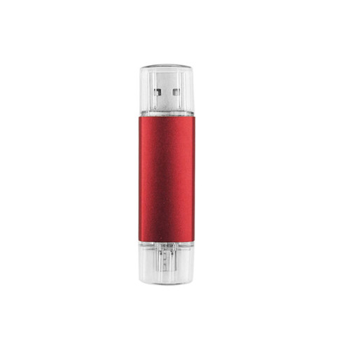 A red double-end Type C flash drive with transparent ends and a sleek design. It features a logo on its body.