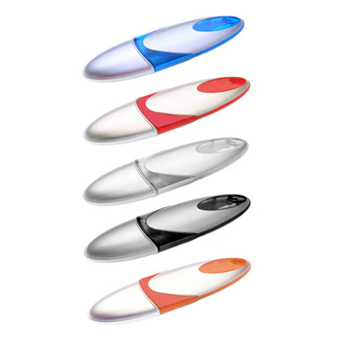 A collection of five Neptune Flash Drives in blue, red, clear, silver, and black, featuring a logo on each.