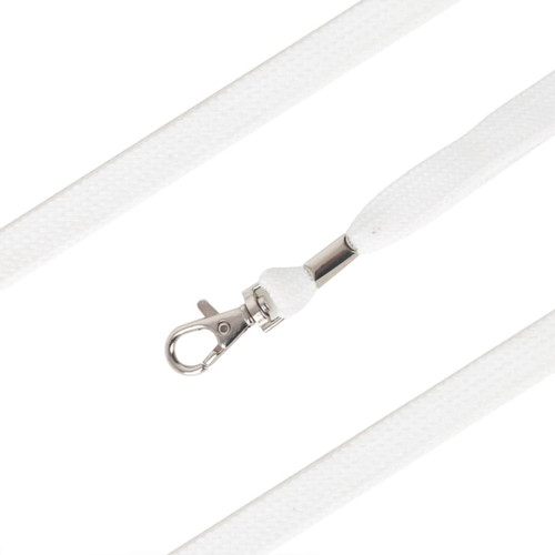 A white bootlace lanyard featuring a silver clip attachment. The material is textured with a sturdy design.