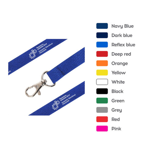 Poly ribbed lanyard in navy blue with a metal clip, featuring a logo. Available in various colours.