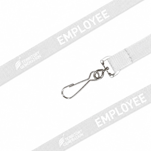 A white poly ribbed lanyard with a clip and branding details. Suitable for exhibitions and events.