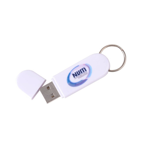 A white Erato Flash Drive with a keyring attachment and a logo on the side.