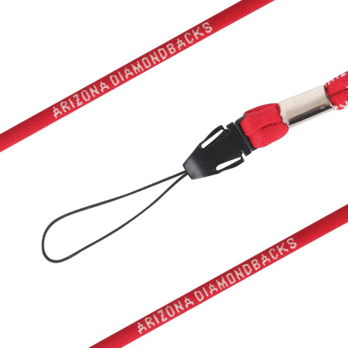 A red Poly Rope Lanyard with a loop attachment and branding, featuring a sleek, sturdy design.