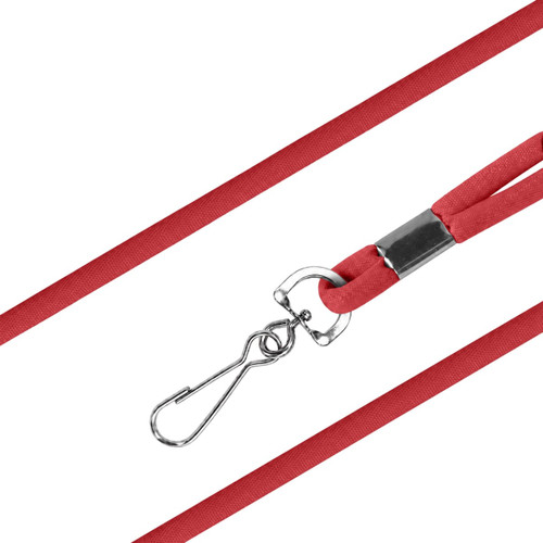 A red poly rope lanyard with a metal clip for attaching items, featuring a simple design.
