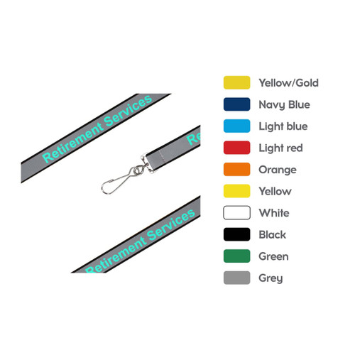 A safety lanyard in various colours, featuring a clip and a logo, designed for exhibitions and events.