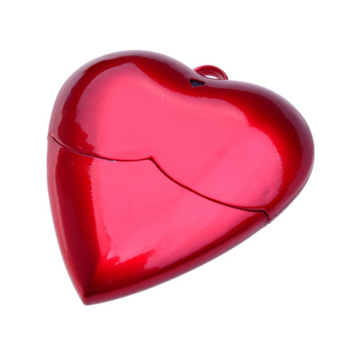 A red heart-shaped USB flash drive with a glossy finish and a small attachment loop. It features a logo.