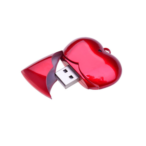 A heart-shaped red USB flash drive with a shiny finish and a removable cap.