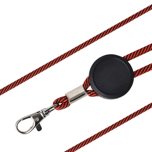 A red and black lanyard with a black epoxy dome attachment and a metal clip.