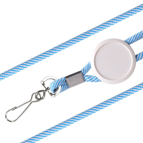 A blue and white epoxy domed lanyard with a retractable reel and a metal clip for attachment.