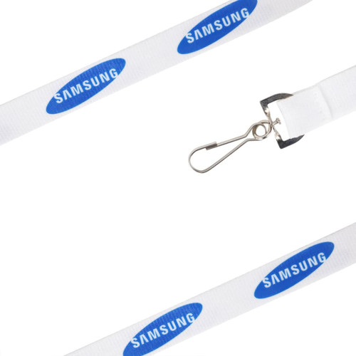 A white ribbed lanyard with blue branding and a silver clip attachment.