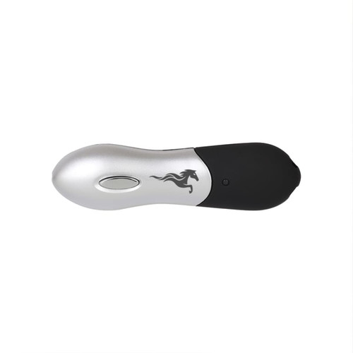 A silver and black laser pointer flash drive featuring a logo, compact in design.
