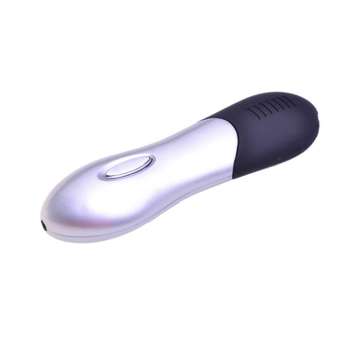 A silver and black laser pointer flash drive with a sleek design and a small logo on its surface.