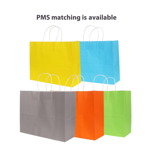 A collection of colourful kraft paper bags in yellow, blue, grey, red, and green with twisted handles.