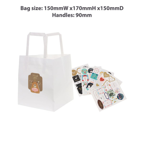 A white flat handle kraft paper bag with a decorative logo and a set of assorted stickers beside it.