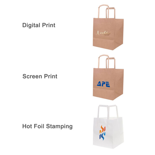 Flat handle kraft paper bags in brown and white, featuring digital print, screen print, and hot foil stamping designs.