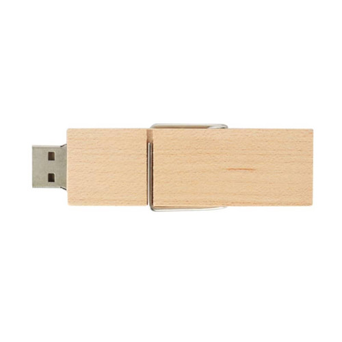 A wooden flash drive in a natural finish with a metal clip attached, featuring a USB connector on one end.