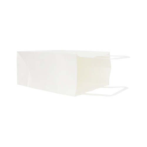 A flat handle kraft paper bag in white, featuring sturdy handles and a spacious interior.