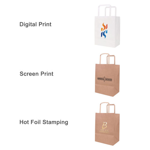 Three flat handle kraft paper bags in white and brown, showcasing different printing techniques and a logo on each.
