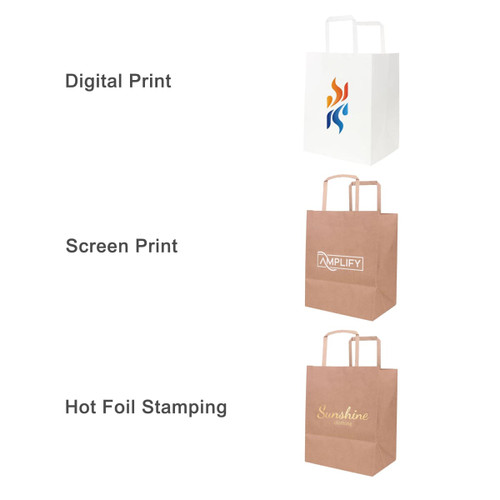 Three paper bags in different printing styles: a white bag with a logo, a brown bag with a logo, and another brown bag featuring gold foil stamping.