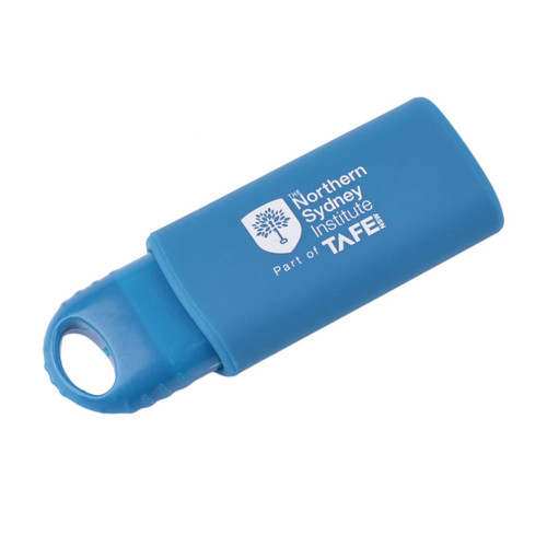A blue click button flash drive with a logo, featuring a removable cover and a loop for attachment.