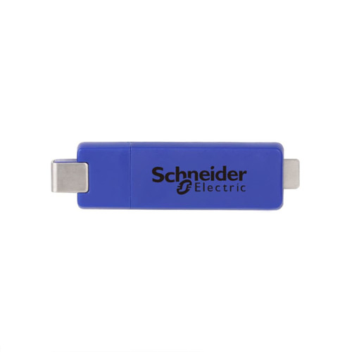 A blue flash drive with a metal connector and a logo.