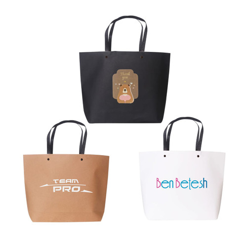 Three boutique paper bags in black, brown, and white, featuring various designs and logos.
