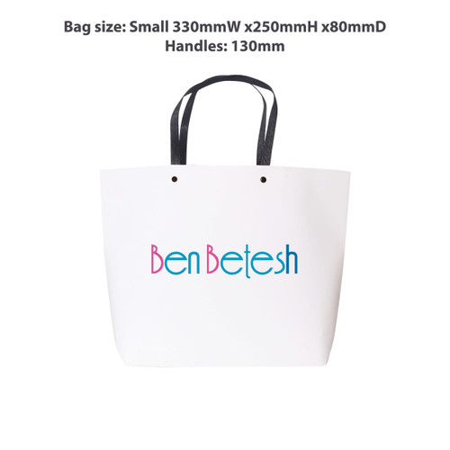 A small white boutique paper bag with black handles and a logo in colourful text. Dimensions are 330mm x 250mm x 80mm.
