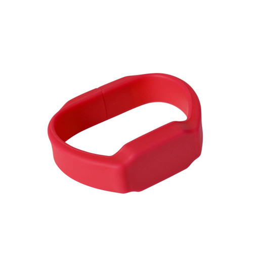 A red silicone watch flash drive with a rectangular shape and smooth finish. It has a logo on one side.