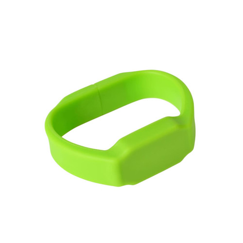 A green silicone watch flash drive with a rectangular shape, featuring a logo.