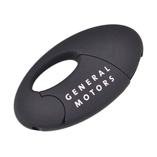 An oval black flash drive with an integrated clip and a logo on the surface.