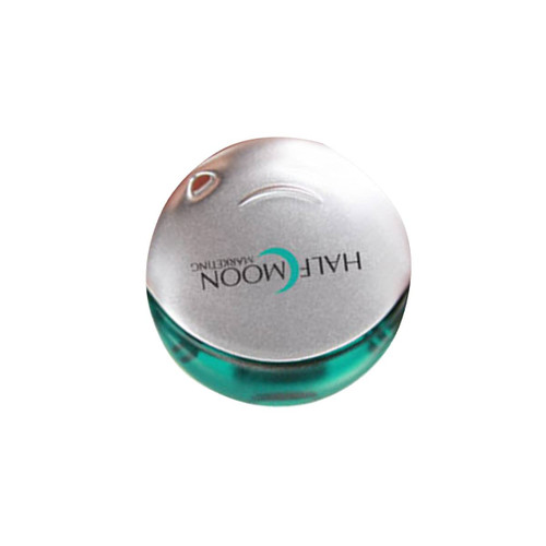A round flash drive with a silver top and a turquoise base, featuring a logo on the top surface.