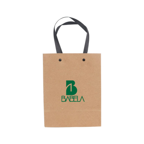 A small vertical brown paper bag with a knitted black handle and a logo printed on the front.
