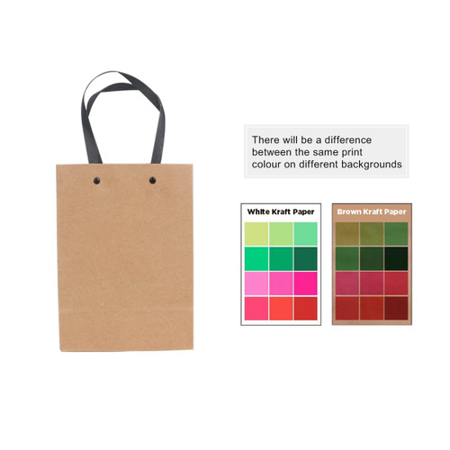 A small brown paper bag with a knitted black handle and two holes at the top. It includes colour samples.