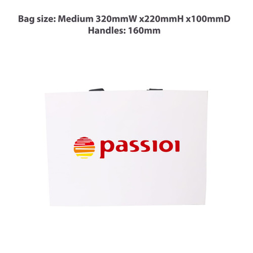 A medium white paper bag with flat black handles and a logo printed on the front.