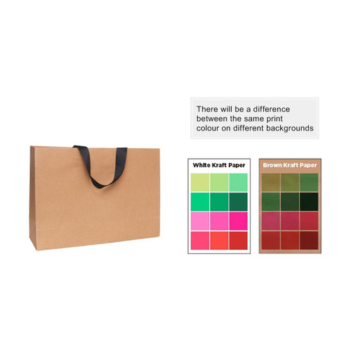 A medium brown Kraft paper bag with a black flat handle, showcasing various print colour swatches on the side.