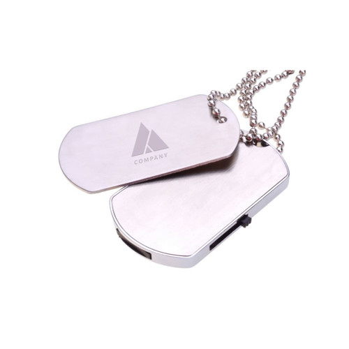A silver dog tag flash drive with a smooth surface and an attached chain for easy carrying.