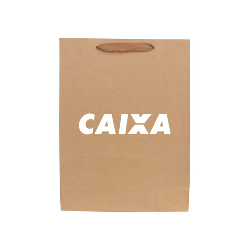 A large brown paper bag with a fabric flat handle and a logo on the front.